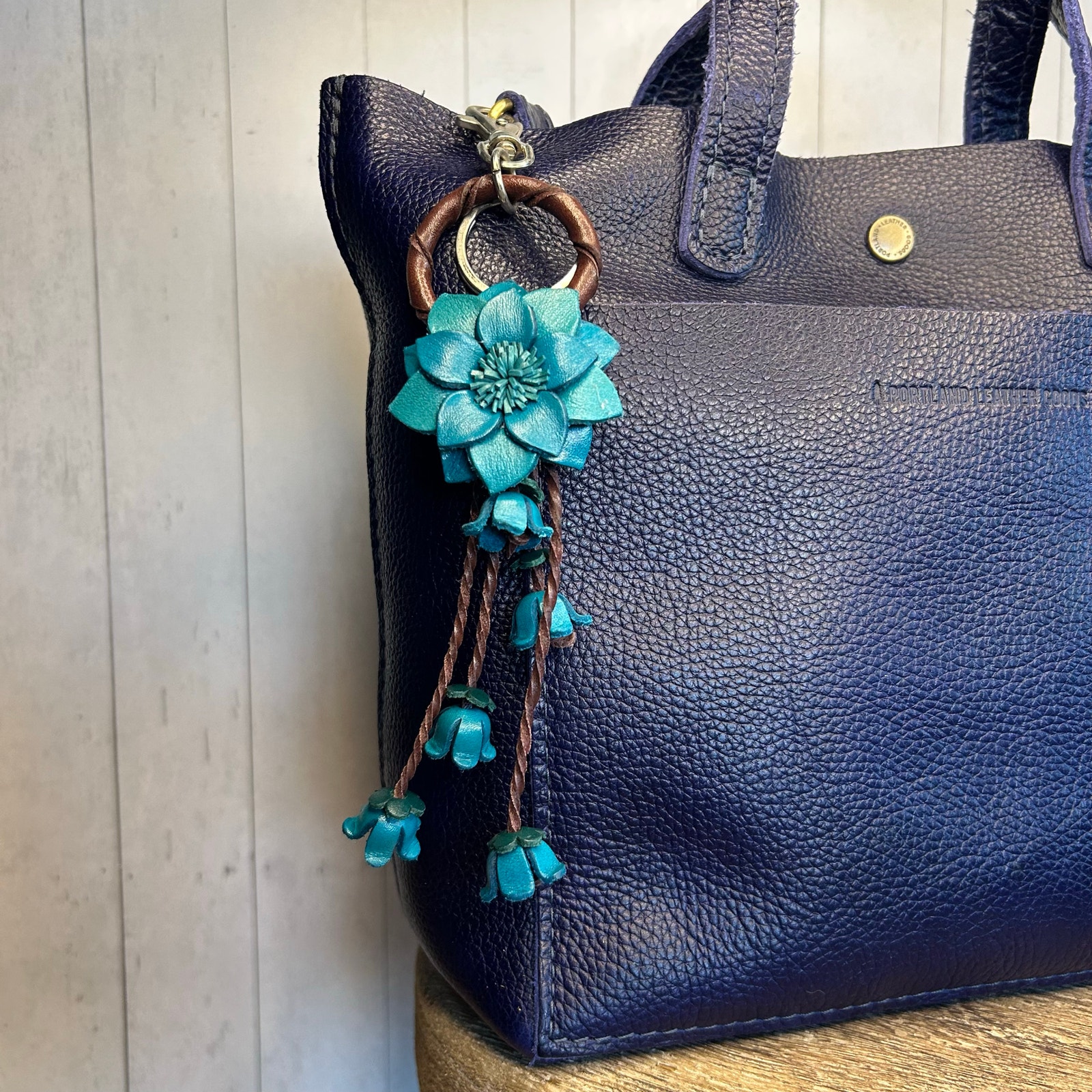 Leather Blue Flower Purse Charm Genuine Leather Bag Charm New Fast Ship